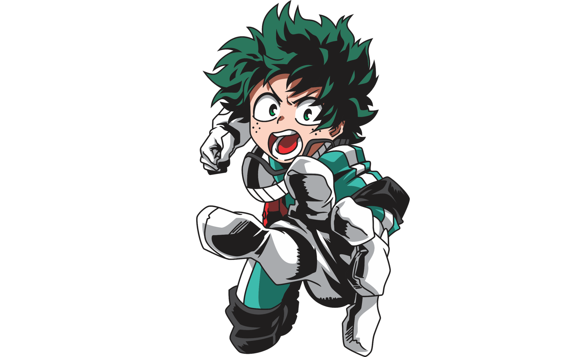 HD desktop wallpaper featuring Izuku Midoriya from the anime My Hero Academia. Izuku is depicted in an action pose with his green hair and hero costume.