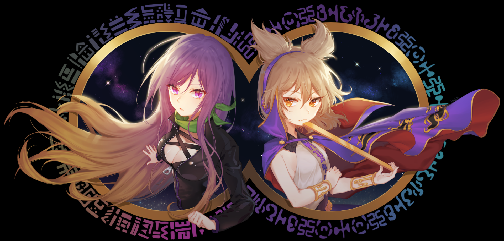 HD anime desktop wallpaper featuring Toyosatomimi no Miko and Byakuren Hijiri from Touhou, set against a cosmic background framed by mystical symbols.
