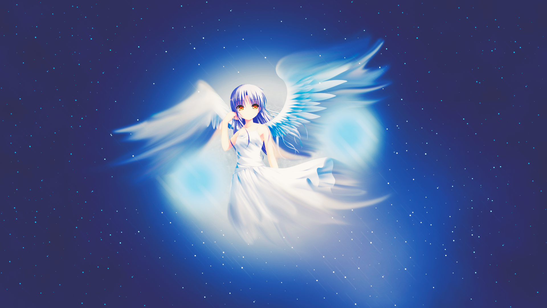 HD anime desktop wallpaper featuring Kanade Tachibana from Angel Beats!, depicted as an angel with glowing wings against a starry blue background.