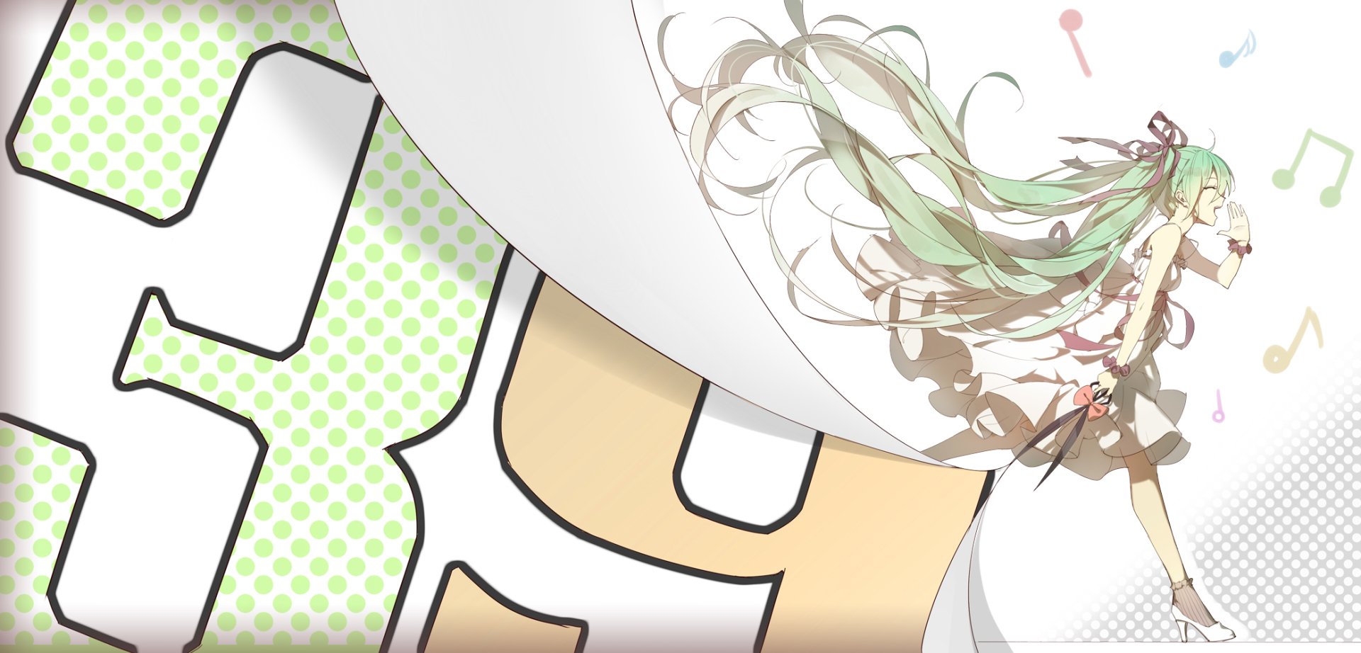 HD PC desktop wallpaper of Hatsune Miku in anime Vocaloid style: a curled-page reveal showing her flowing teal twin‑tails against a pastel dotted numeric backdrop.