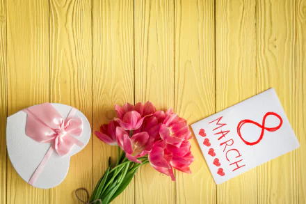 A heart-shaped gift box with a pink ribbon sits next to a bouquet of pink flowers and a card that reads 8 MARCH, celebrating Women's Day against a yellow wooden background.