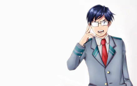 HD PC desktop wallpaper featuring Tenya Iida from the anime My Hero Academia, depicted in his school uniform adjusting his glasses against a white background.