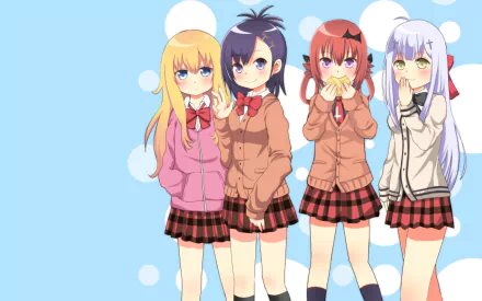 HD PC wallpaper featuring Raphiel Shiraha Ainsworth, Satanichia Kurumizawa McDowell, Gabriel Tenma White, and Vignette Tsukinose April from the anime Gabriel DropOut.