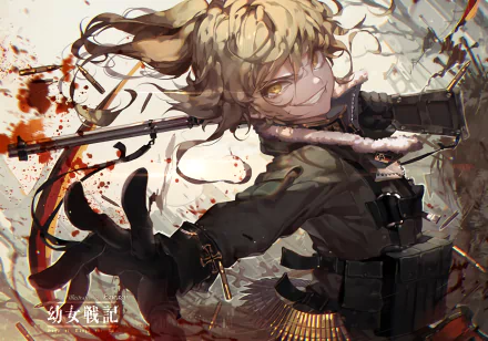 HD wallpaper featuring Tanya Degurechaff from the anime Youjo Senki. She's in a dynamic pose with a background showcasing an intense battlefield.