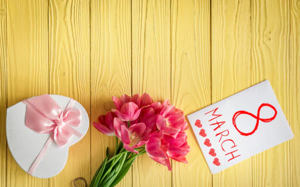 A heart-shaped gift box with a pink ribbon sits next to a bouquet of pink flowers and a card that reads 8 MARCH, celebrating Women's Day against a yellow wooden background.