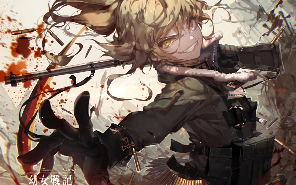 HD wallpaper featuring Tanya Degurechaff from the anime Youjo Senki. She's in a dynamic pose with a background showcasing an intense battlefield.