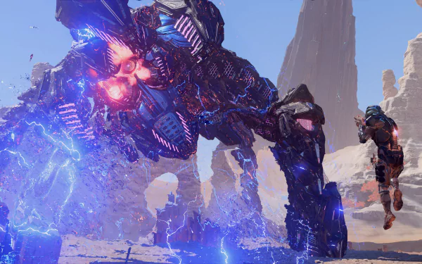 An HD desktop wallpaper from Mass Effect: Andromeda featuring an intense battle scene with a character confronting a towering, glowing mechanical creature in a rocky desert landscape.