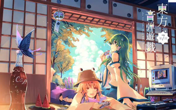HD anime desktop wallpaper featuring Cirno, Suwako Moriya, and Sanae Kochiya from Touhou, set in a bright, traditional Japanese room with seasonal autumn scenery outside.