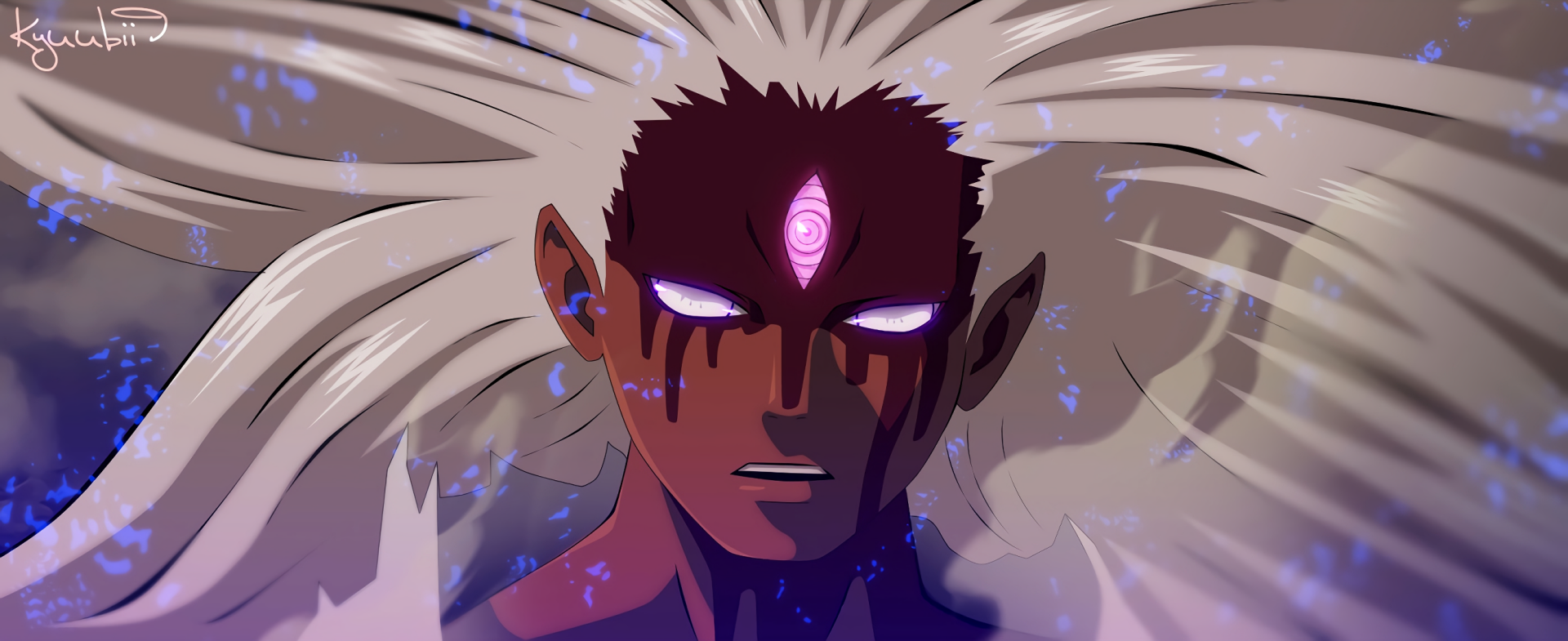 HD PC desktop wallpaper featuring Momoshiki Ōtsutsuki from the anime Boruto, showcasing his glowing eyes and third eye on a dark, intense background.