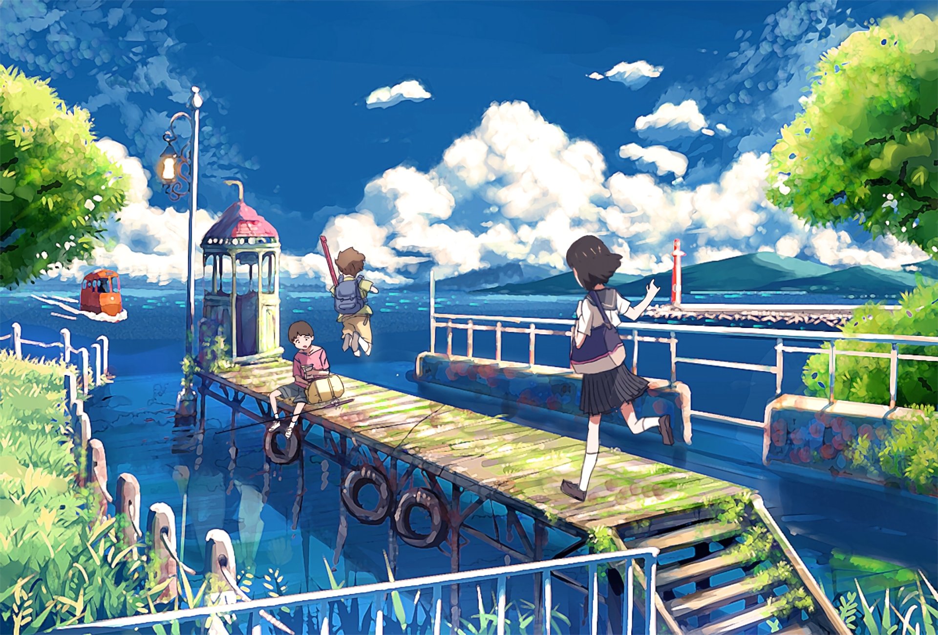 Anime-style original HD desktop wallpaper featuring a vibrant seaside pier with children playing under a bright blue sky filled with fluffy clouds.