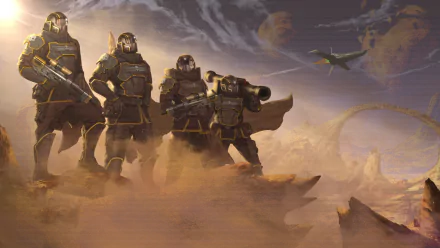 HD desktop wallpaper featuring Helldivers characters standing ready for battle on an alien landscape with ships flying overhead.