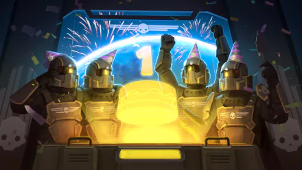 HD wallpaper from Helldivers featuring celebrating characters with festive hats behind a deploy pod console, creating a vibrant desktop background.