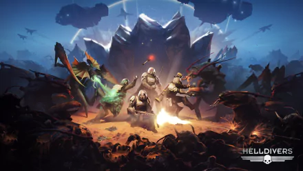 HD desktop wallpaper from Helldivers game featuring soldiers in combat with alien creatures on a sci-fi battleground.