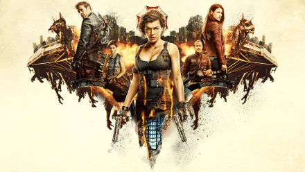 HD desktop wallpaper featuring characters from Resident Evil: The Final Chapter with Milla Jovovich as Alice, Ali Larter, and William Levy, showcasing the intense and dramatic action of the movie.
