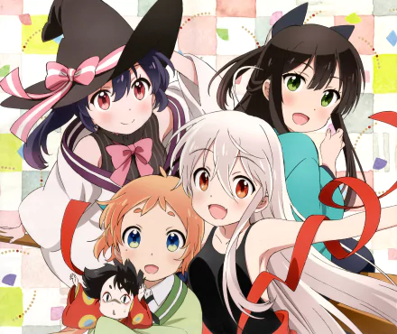 Anime wallpaper featuring witches Koume Yukimi, Kon Tatsumi, Nono Natsume, and Chiya from Urara Meirochō in vibrant 4K Ultra HD style.