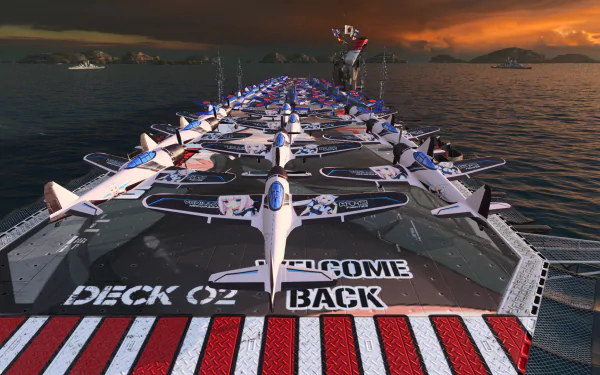 HD PC desktop wallpaper of Japanese aircraft carrier Taiho from the video game World of Warships, flight deck lined with planes at sunset — gaming background