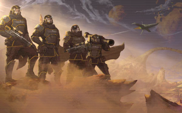 HD desktop wallpaper featuring Helldivers characters standing ready for battle on an alien landscape with ships flying overhead.