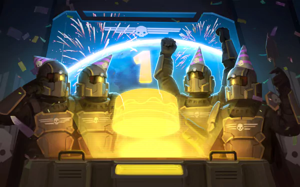 HD wallpaper from Helldivers featuring celebrating characters with festive hats behind a deploy pod console, creating a vibrant desktop background.