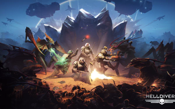 HD desktop wallpaper from Helldivers game featuring soldiers in combat with alien creatures on a sci-fi battleground.