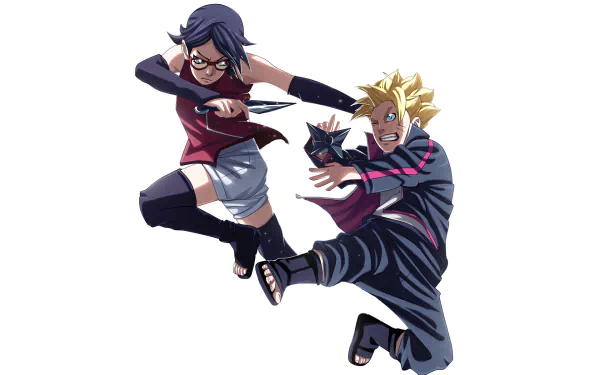 Boruto Uzumaki and Sarada Uchiha in dynamic action poses wielding kunai knives from the anime Boruto, featured in an HD PC desktop wallpaper and background.
