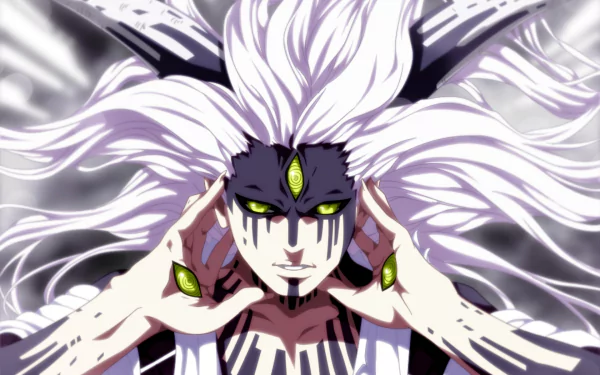 HD PC desktop wallpaper featuring Momoshiki Ōtsutsuki from the anime Boruto, showcasing his intense expression and glowing eyes with flowing white hair.