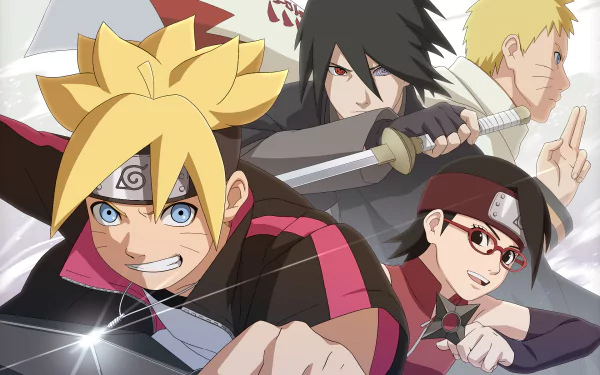 HD desktop wallpaper featuring Naruto Uzumaki, Sasuke Uchiha, Boruto Uzumaki, and Sarada Uchiha from the anime Boruto. The characters are depicted in action poses, showcasing dynamic and vibrant artwork.