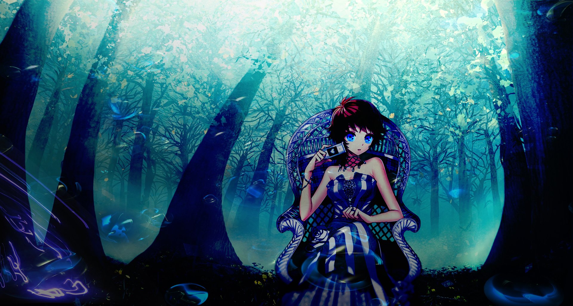 HD anime original artwork of a girl with dark hair and blue eyes sitting on an ornate chair in a mystical, glowing forest, designed as a PC desktop wallpaper.