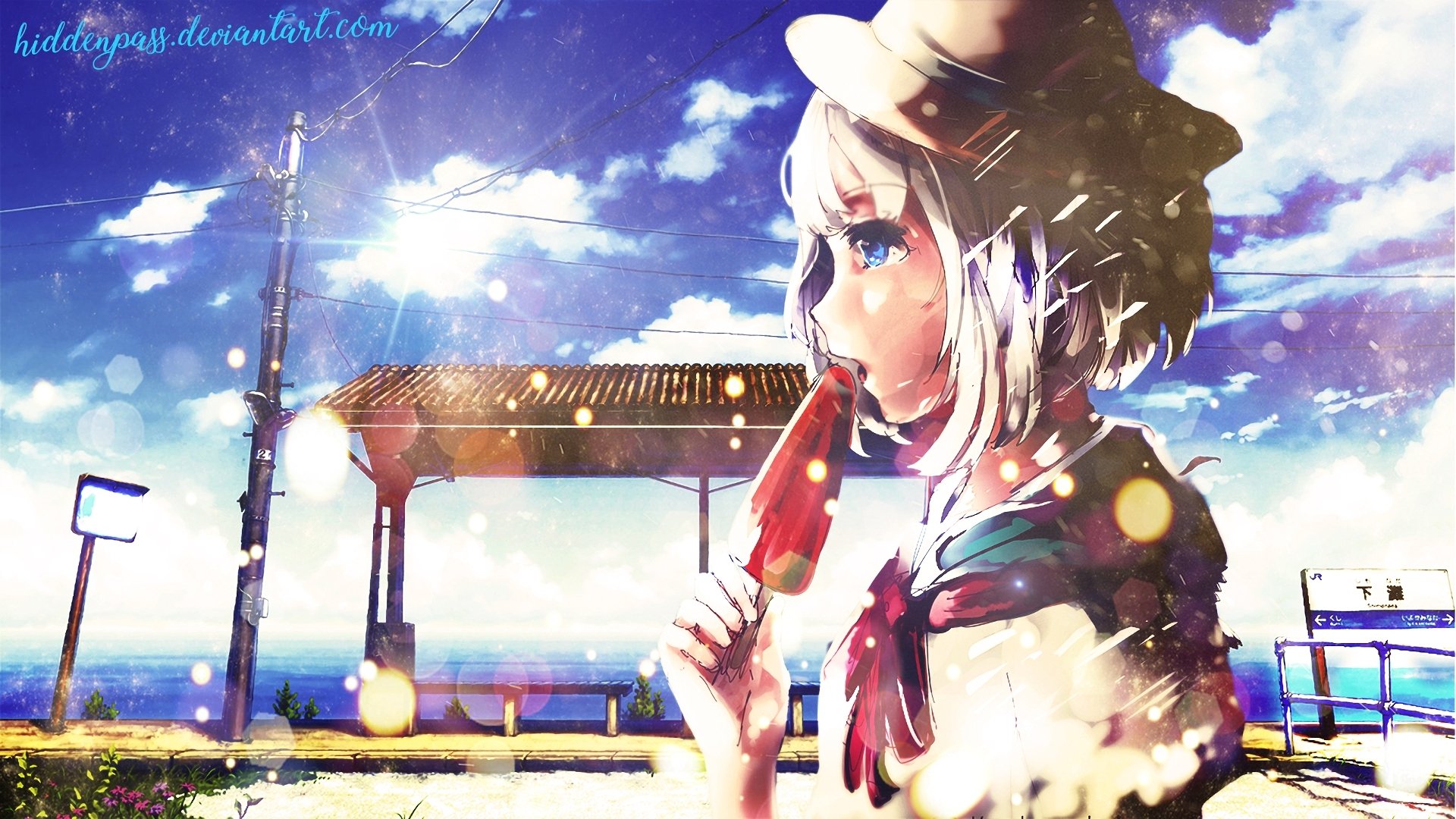HD anime-style original desktop wallpaper featuring a white-haired character in a hat enjoying a popsicle at a bright, sunny train station with a vibrant sky background.