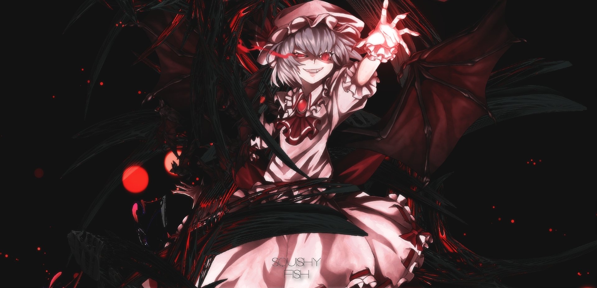 Dark-themed HD anime wallpaper featuring Remilia Scarlet from Touhou, showcasing her intense expression and outstretched hand amid shadowy, red-accented visuals.