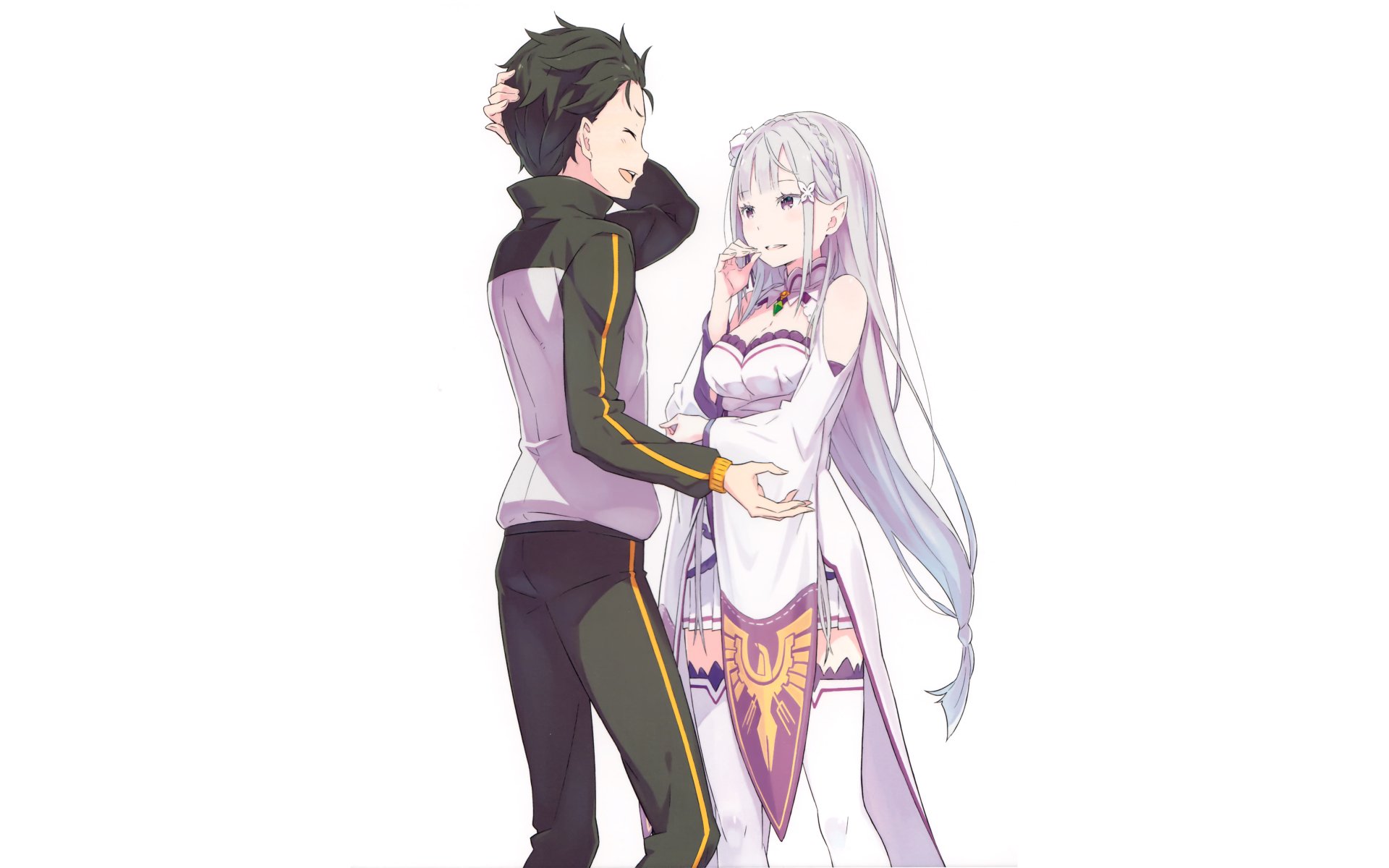 4K Ultra HD anime wallpaper featuring Subaru Natsuki and Emilia from Re:Zero - Starting Life in Another World, showcasing their detailed character designs.