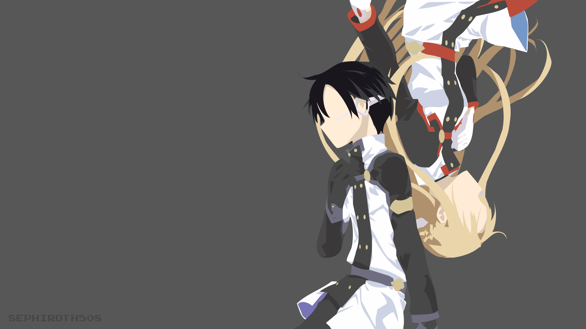 HD PC desktop wallpaper: anime art from Sword Art Online Movie: Ordinal Scale showing Kirito and Asuna in minimalist silhouettes against a muted gray background.