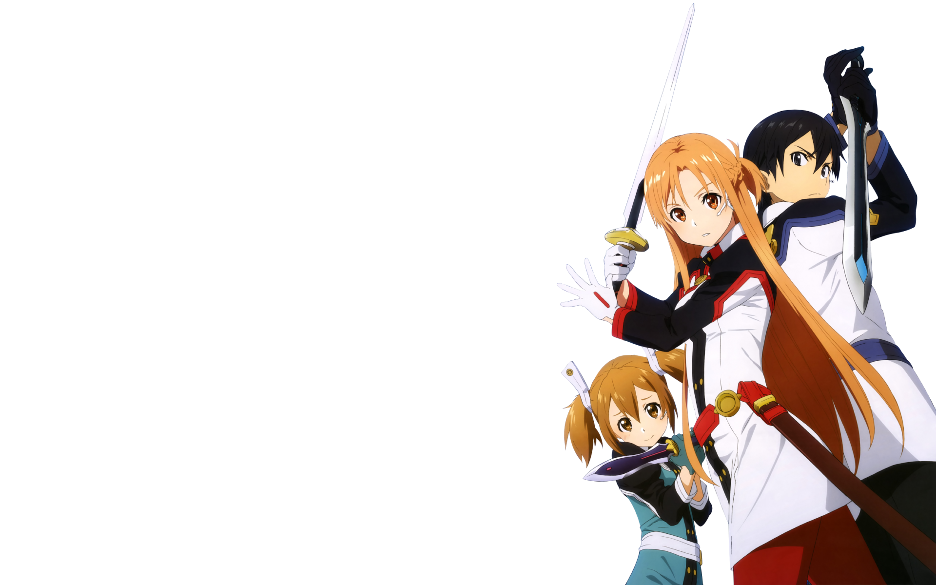 Sword Art Online Movie: Ordinal Scale 2K Quad HD PC desktop wallpaper showing three anime characters on a white background: orange‑haired swordswoman, male ally, and small companion.