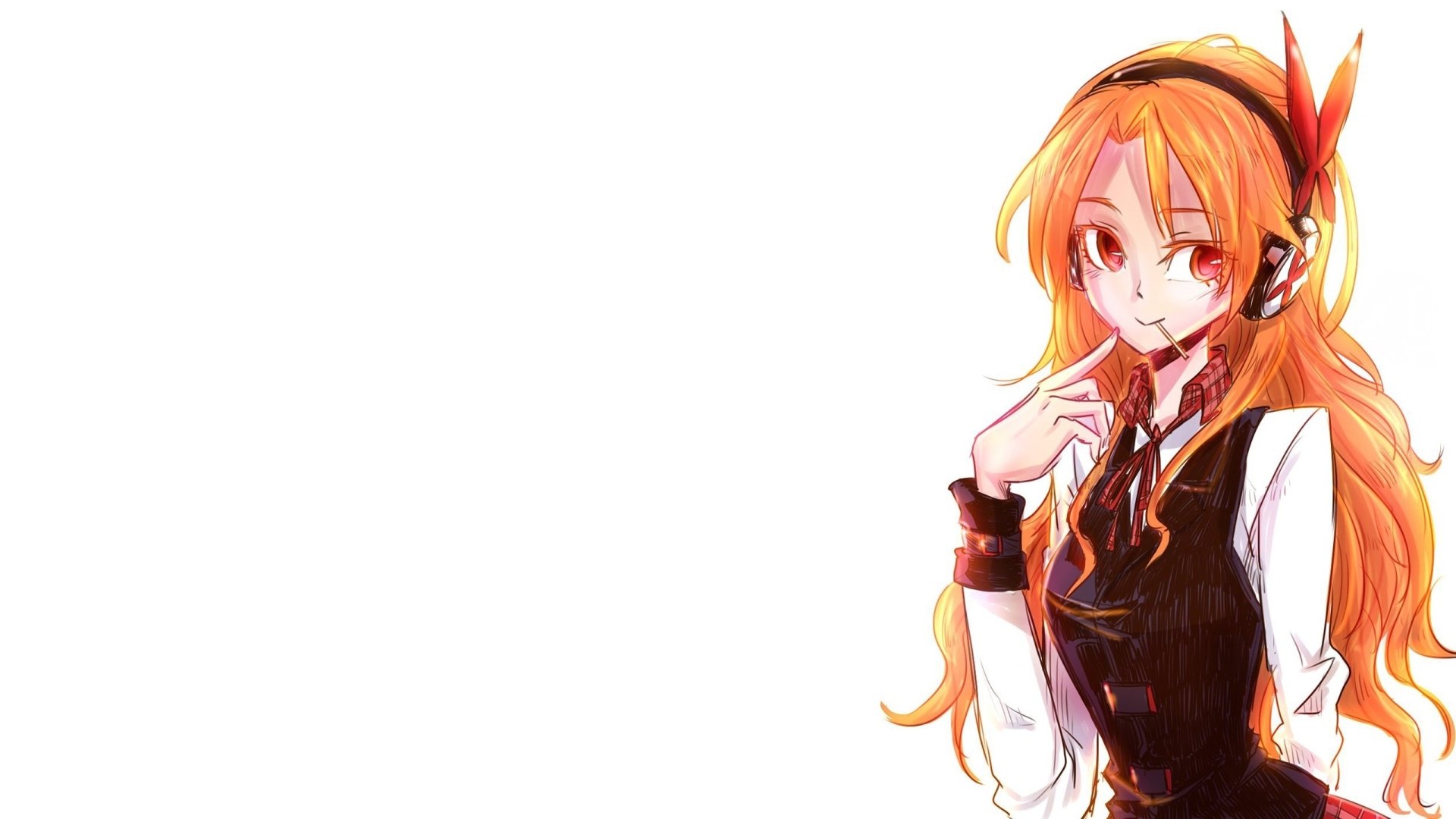 HD desktop wallpaper featuring Chelsea from Akame ga Kill! against a white background, highlighting her vibrant orange hair, black outfit, and confident expression.