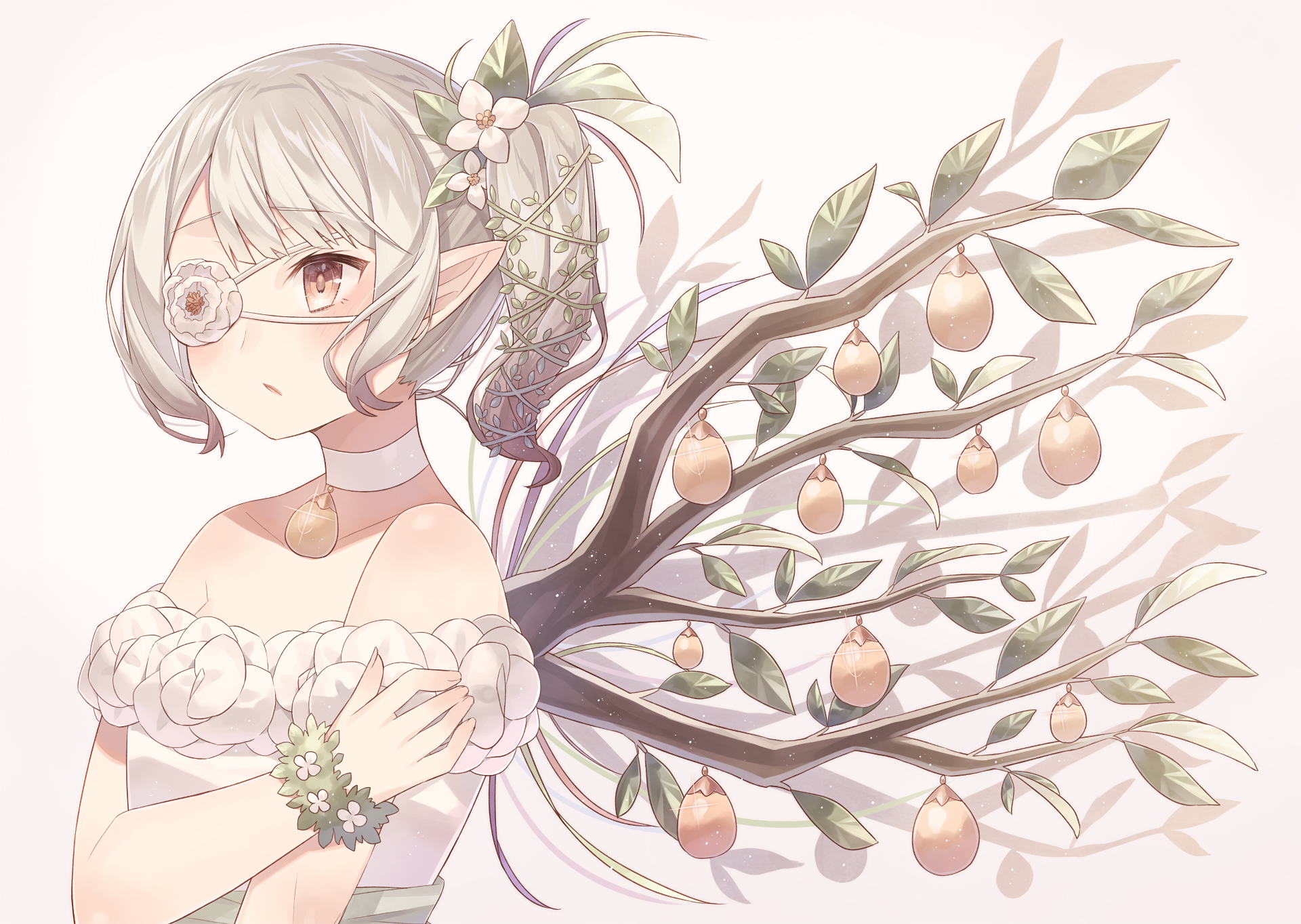 HD anime desktop wallpaper featuring a delicate anime girl with short silver hair, wearing a white dress, and wings resembling branches with hanging fruits and flowers.