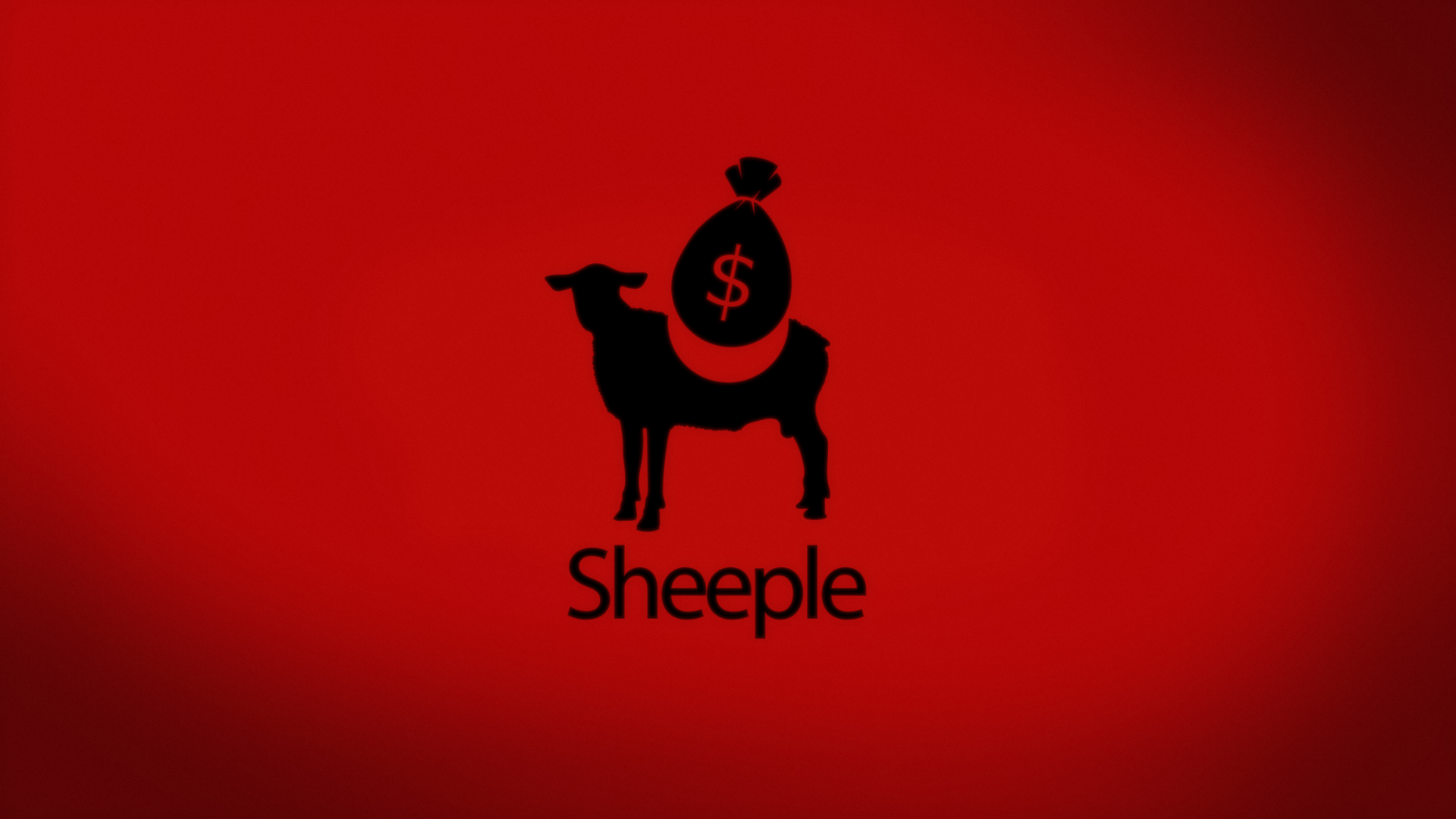 Funny sheeple graphic: black sheep silhouette carrying a money bag with a dollar sign on a red background — 4K Ultra HD PC desktop wallpaper/background, computer wallpaper.
