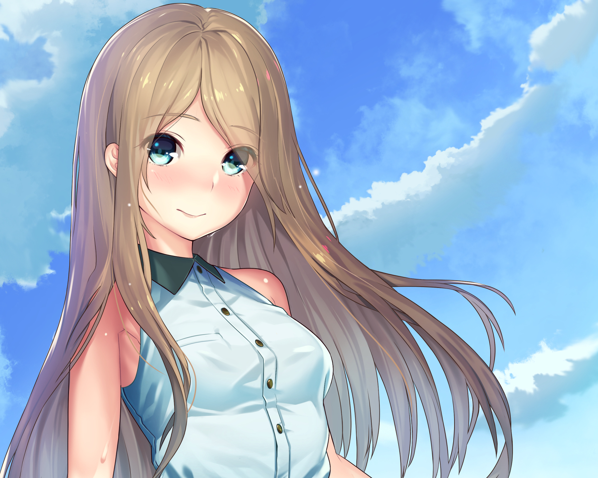 An original anime character with long blonde hair and bright blue eyes stands against a clear sky with fluffy clouds. HD desktop wallpaper and background.