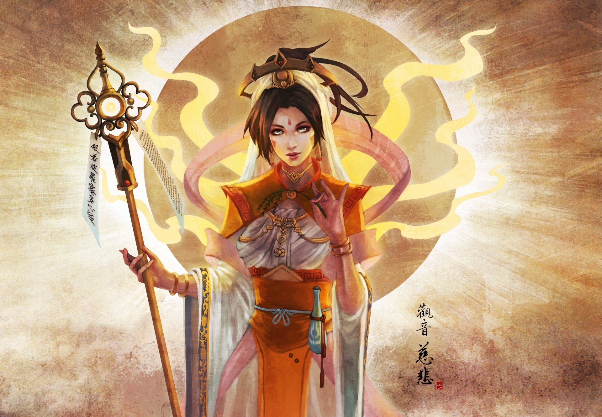 4K Ultra HD desktop wallpaper depicting Mercy from Overwatch with short brown hair, holding her staff against a glowing, stylized circular background.