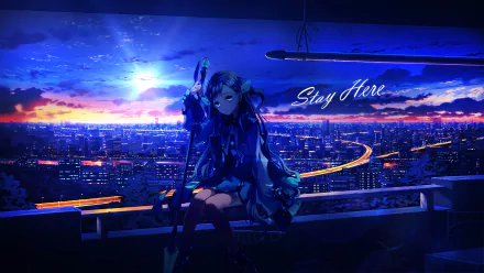 HD anime original desktop wallpaper featuring a character sitting on a rooftop overlooking a glowing cityscape at twilight with the text Stay Here.