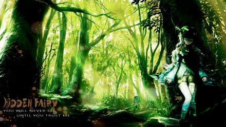 Anime original HD PC desktop wallpaper/background showing a luminous green forest with sunbeams through trees and a fairy-like girl in a frilly outfit perched by mossy roots.