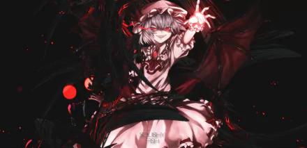 Dark-themed HD anime wallpaper featuring Remilia Scarlet from Touhou, showcasing her intense expression and outstretched hand amid shadowy, red-accented visuals.