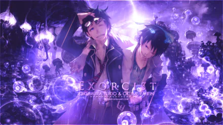Blue Exorcist anime HD PC desktop wallpaper: Rin and Yukio Okumura bathed in purple-blue light, surrounded by floating bubbles and ethereal, glowing symbols.