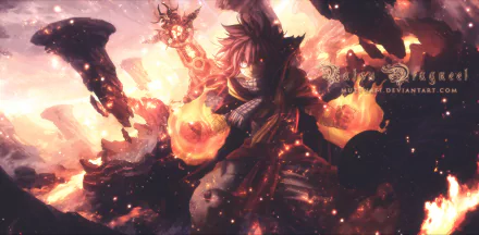 HD desktop wallpaper of an intense, fiery battle scene featuring a character from the anime Fairy Tail, surrounded by flames and destruction.