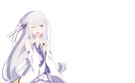 HD desktop wallpaper featuring Emilia from the anime Re:Zero - Starting Life in Another World, with a light background and a charming pose.