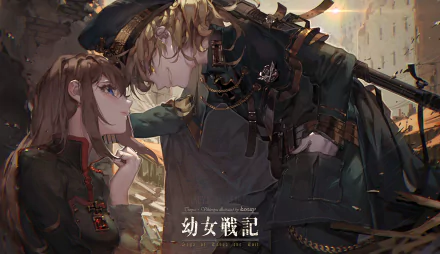 HD desktop wallpaper featuring Viktoriya Ivanovna Serebryakov and Tanya Degurechaff from the anime Youjo Senki. The characters are depicted in a dynamic, intense scene with a war-torn background.