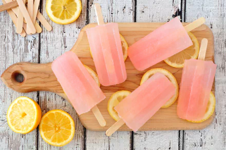 4K Ultra HD image of refreshing orange fruit ice cream popsicles arranged on a wooden board with orange slices on a rustic table background.