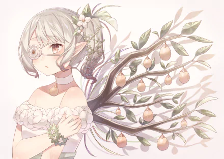 HD anime desktop wallpaper featuring a delicate anime girl with short silver hair, wearing a white dress, and wings resembling branches with hanging fruits and flowers.