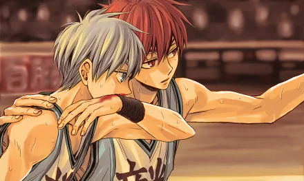 HD wallpaper of Tetsuya Kuroko and Seijūrō Akashi from the anime Kuroko's Basketball, featuring them on the basketball court with a determined look.