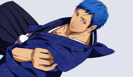 HD desktop wallpaper of Daiki Aomine from the anime Kuroko's Basketball, featuring him in a traditional blue outfit with an intense expression.