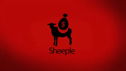 Funny sheeple graphic: black sheep silhouette carrying a money bag with a dollar sign on a red background — 4K Ultra HD PC desktop wallpaper/background, computer wallpaper.
