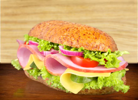A vibrant 4K Ultra HD desktop wallpaper featuring a fresh sandwich with layers of meat, cheese, lettuce, tomato, and onions on a seeded bread roll.